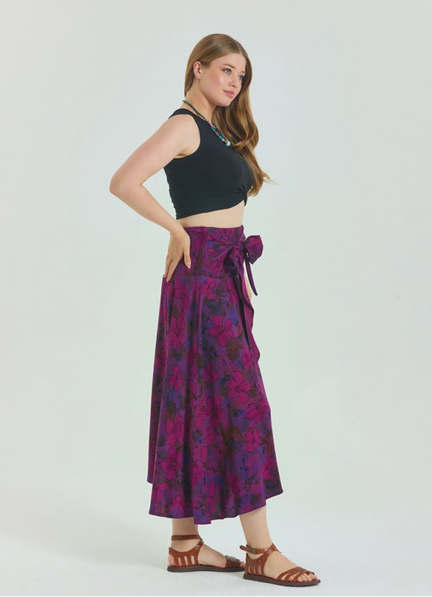 Gipe Waist Tied Wine Patterned Plus Size Skirt 4598